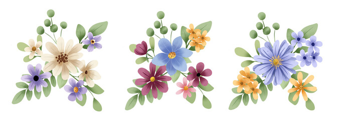 Fototapeta premium Bouquets set, blossom arrangements. Watercolor clip art hand painting, floral background. Flowers compositions isolated on white background.