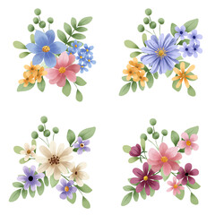 Obraz premium Bouquets set, blossom arrangements. Watercolor clip art hand painting, floral background. Flowers compositions isolated on white background.