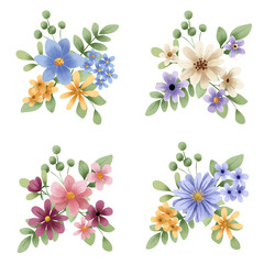 Obraz premium Bouquets set, blossom arrangements. Watercolor clip art hand painting, floral background. Flowers compositions isolated on white background.