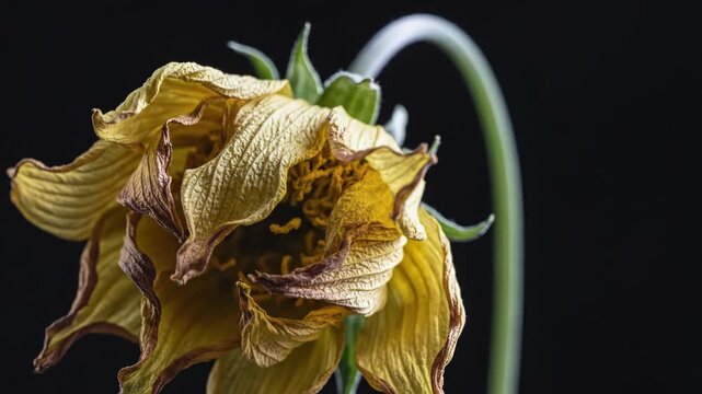 Close-up studio shot of a wilted yellow flower with crinkled and curled petals, featuring visible textures of desiccation and brown edges against a solid black background.
