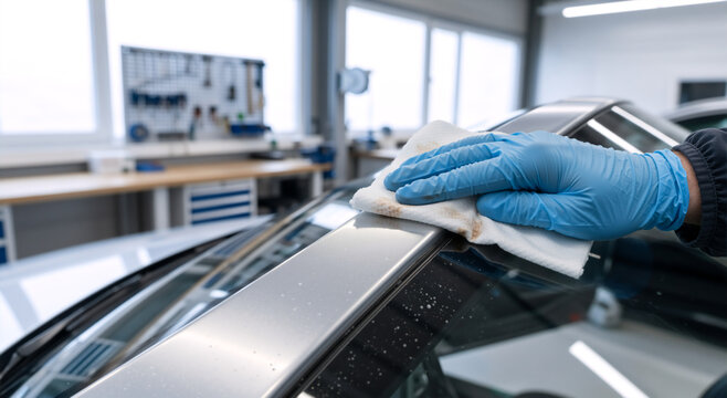 Hand in blue glove wiping silver car trim with dirty cloth. Professional auto detailing and vehicle maintenance in workshop. Mechanic cleaning automobile exterior