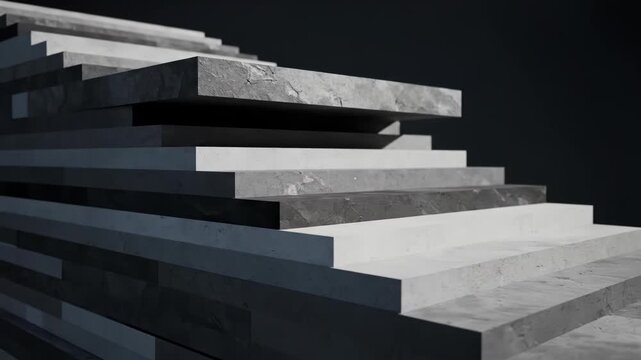 Abstract 3D rendering of layered rectangular marble slabs in shades of white, grey, and black, featuring textured stone surfaces arranged in a geometric, staggered stack with dramatic shadows.