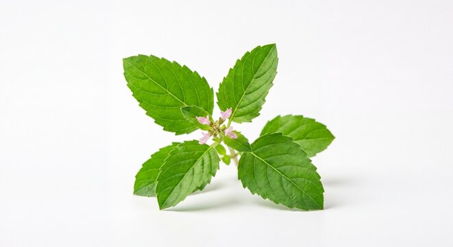 A single fresh sprig of holy basil with vibrant green serrated leaves isolated on white background.