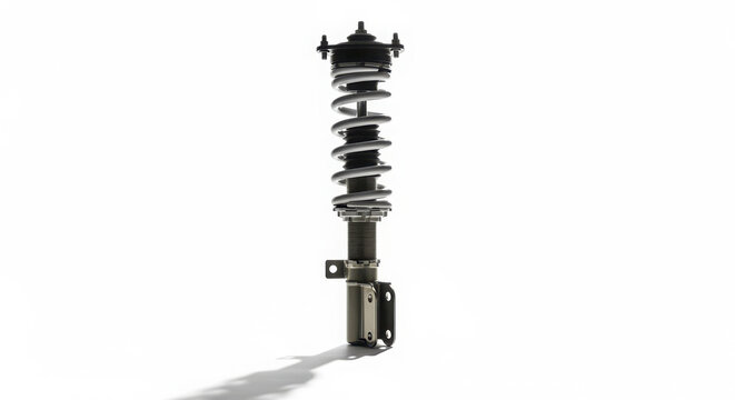Close up studio photograph of a modern automotive shock absorber featuring a performance coil spring for a high speed vehicle