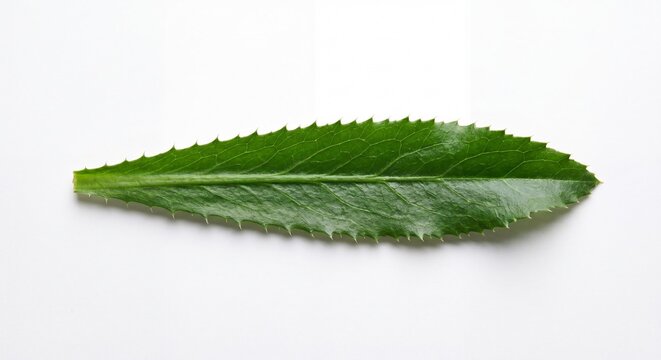 A single fresh vibrant green sawtooth coriander leaf displayed isolated on a plain white background.