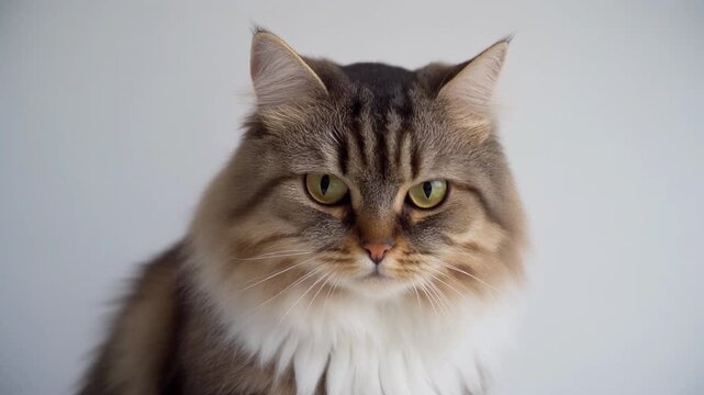 Fluffy tabby cat looking at camera close up studio shot
