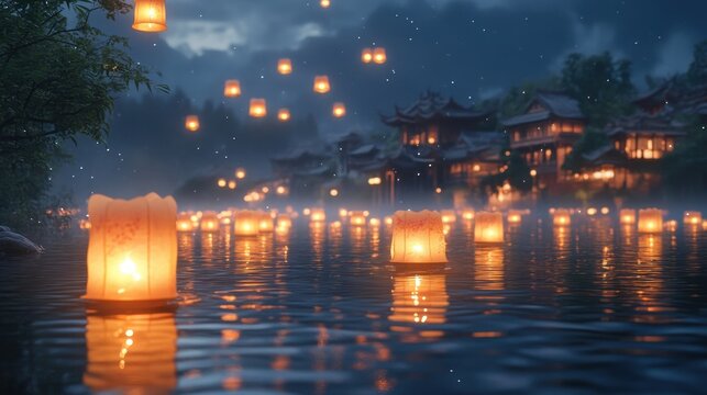Floating Lanterns on a Calm River at Night