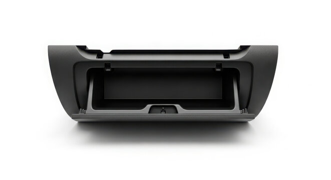 Close up studio photograph of an open plastic car glove box compartment showing the interior storage space for vehicle accessories