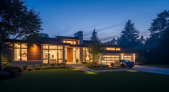 A large house with lights on at dusk in a suburban neighborhood