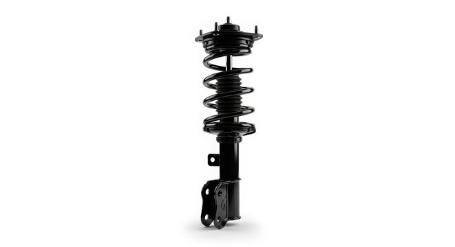 A professional studio photograph showcasing a black automotive suspension strut assembly designed for modern vehicle handling and smooth road performance