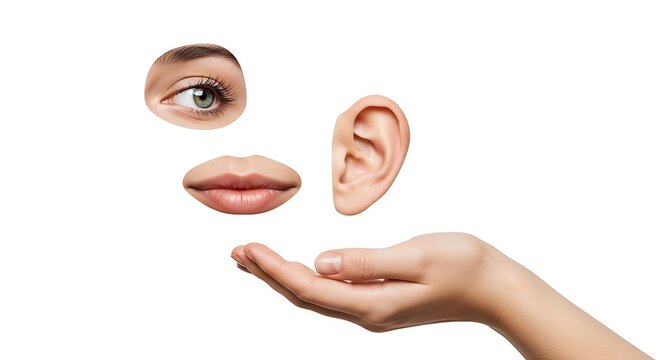 Human hand holding eye, lips, and ear