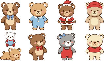 Naklejka premium Cute Teddy Bear Character Vector Set with Santa Costume Pajamas Overalls and Sleeping Pose Variations for Kids Graphic Designs and Greeting Cards