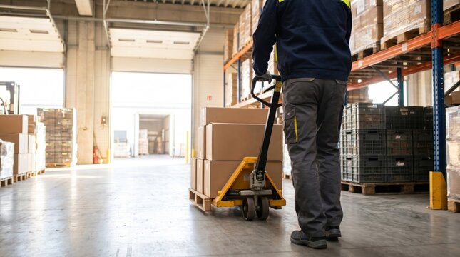 Warehouse worker moving a pallet with cardboard boxes using a manual pallet jack