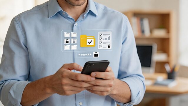 Man using smartphone with holographic file management interface, data security and privacy protection concept, password authentication, cloud storage access, mobile banking