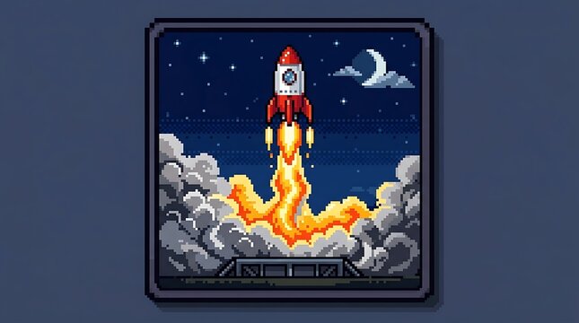 Pixel art rocket ship launching into the night sky with bright orange flames and thick exhaust smoke clouds creating a nostalgic retro gaming style composition in this detailed digital art image.