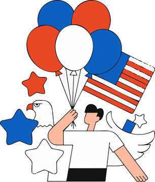 Patriotic American celebration vector, man holding red white and blue balloons, bald eagle and flag holiday graphics