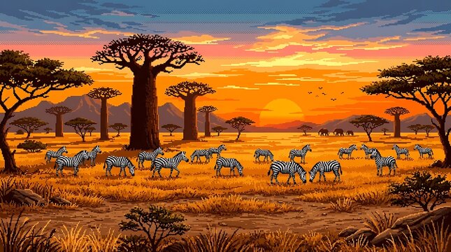 A herd of zebras grazes peacefully on the vast golden savanna plains during a vibrant sunset in this digital pixel art photograph capturing the serene beauty of the african wild landscape.