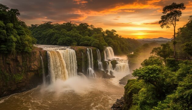 Beautiful waterfall cascading through lush green forest at sunset