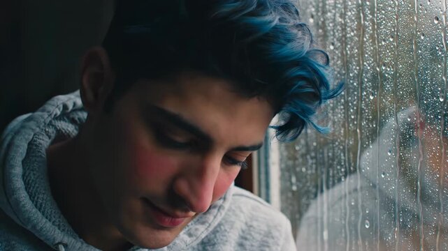 Close-up portrait of a young man with vibrant dark blue dyed hair and striking blue eyes gazing directly at the camera while sitting by a window covered in raindrops on a rainy day.