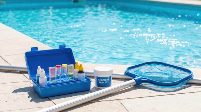 Pool maintenance kit with water testing equipment, chlorine tablets, and a skimmer net on a poolside deck