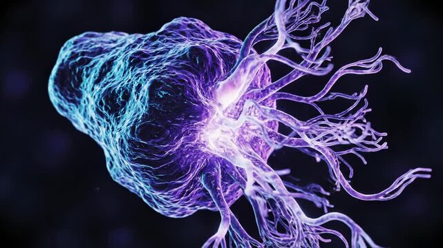 Microscopic 3D illustration of an iridescent purple and teal cell or microorganism with complex branching dendrite-like structures and textured surface on a dark background.