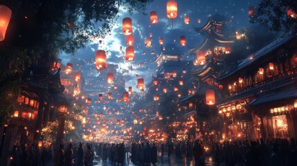 Fototapeta premium Night Market in a Chinese City with Floating Lanterns