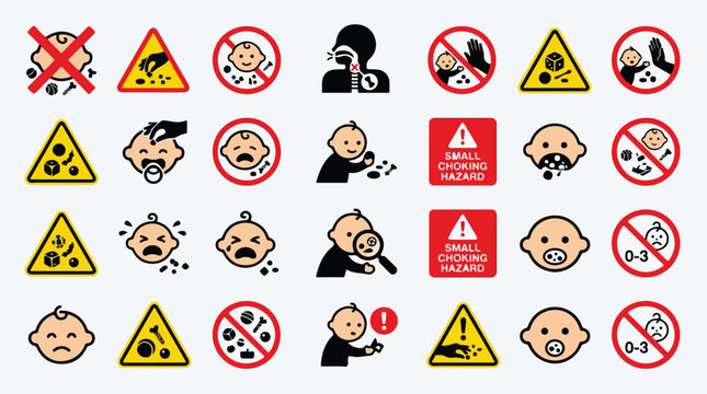 Choking hazard warning icons, small parts safety signs for baby products, 28 toy safety vector symbols, infant suffocation prevention labels
