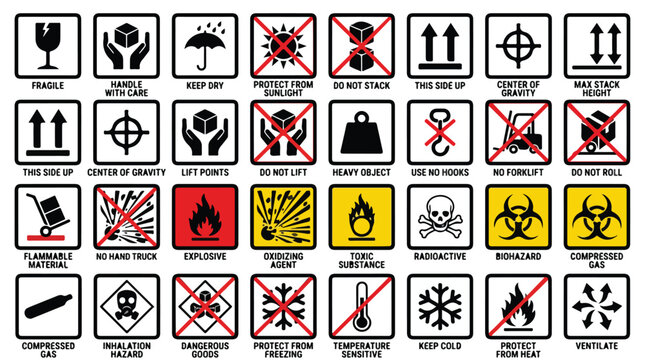 Industrial packaging symbols and shipping icons set, 32 logistics safety signs for cargo handling, fragile and hazardous material labels for transport