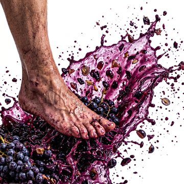 Stomping Grapes for Wine Making with Splashing Purple Juice Isolated on White Background, Foot Crushing Fruit