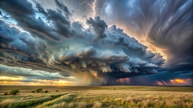 Severe thunderstorm outbreak over the rolling plains with ominous clouds gathering