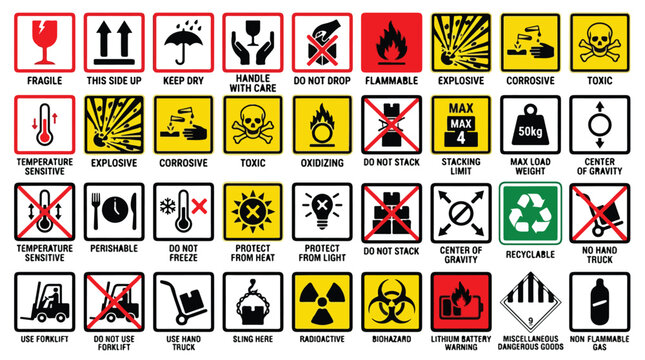 Industrial packaging symbols and hazard warning signs, 36 logistics icons for shipping and handling, GHS safety labels for dangerous goods