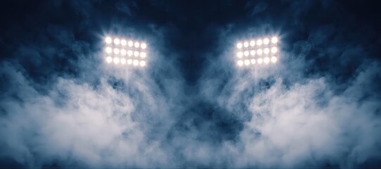 Naklejka premium Stadium floodlights illuminating dark smoky arena at night