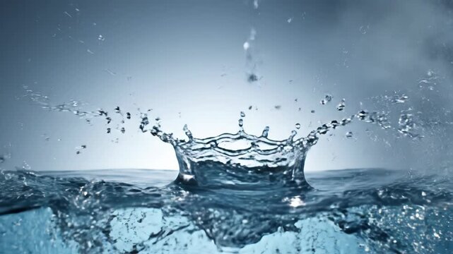 A detailed side view of a large clear water splash rising from a flat liquid surface against a soft blue and white gradient background with frozen droplets and ripples.