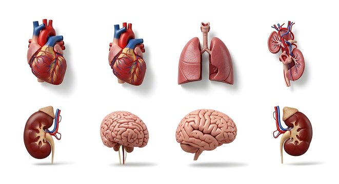 Human organs, anatomical models, heart, lungs, brain, kidneys