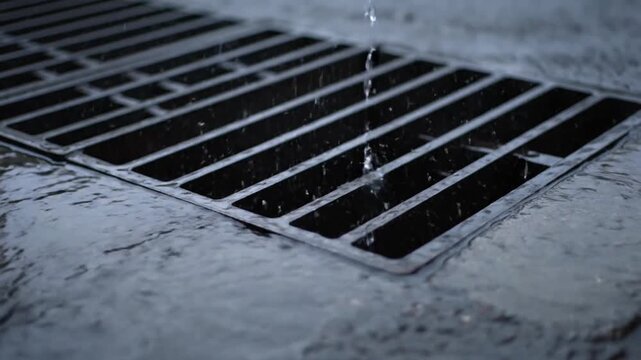 Rainwater flowing into a storm drain during a heavy downpour.