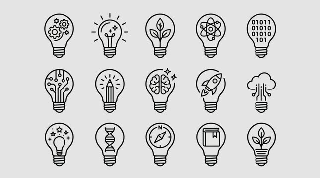 Creative light bulb illustrations symbolizing innovation problem solving abstract ideas gears leaves rockets puzzles trees inspiration monochrome design concepts