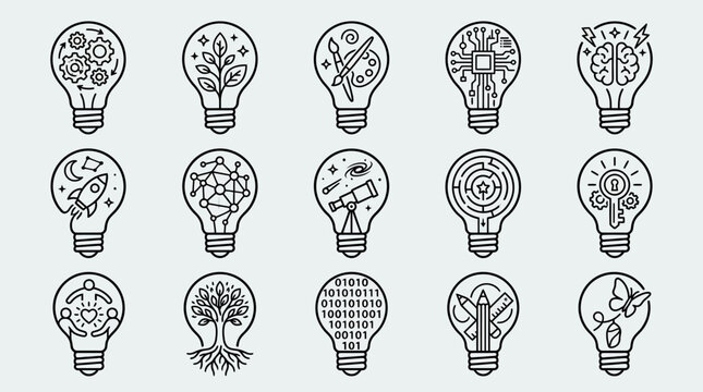 Creative light bulb illustrations symbolizing innovation problem solving abstract ideas gears leaves rockets puzzles trees inspiration monochrome design concepts