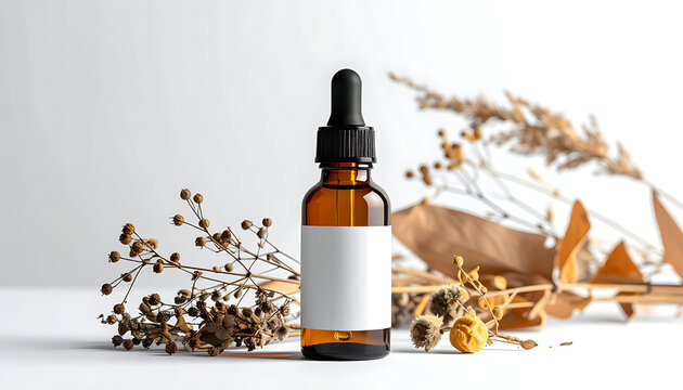 Amber glass dropper bottle with blank label and dried botanical elements, product mockup for skincare or aromatherapy