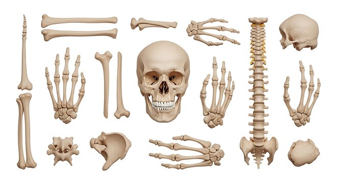 Human skeleton and bone anatomy collection with skull, spine, hands and feet on white background