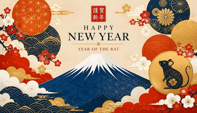 Modern Japanese New Year banner illustration with stylized Mount Fuji and cherry blossoms celebrating Year of the Rat