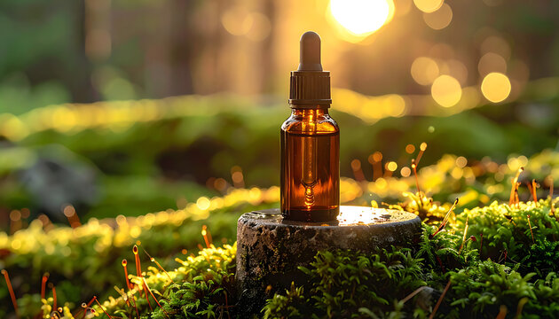 Amber glass dropper bottle with essential oil resting on mossy tree stump in sun-drenched forest, natural wellness and aromatherapy concept