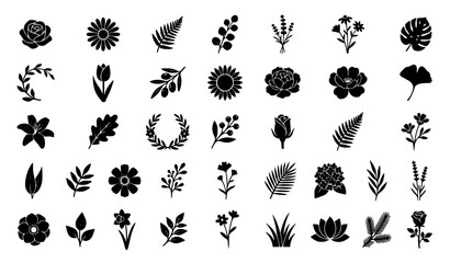 Black and White Minimalist Floral Icon Set Featuring Botanical Leaves and Flower Symbols Vector Collection © Shameem