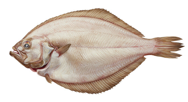 Isolated flatfish fish on transparent background, line art illustration