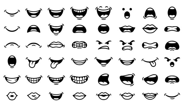 Black and White Cartoon Mouth Expressions Collection Featuring Funny Comic Lip and Smile Illustrations