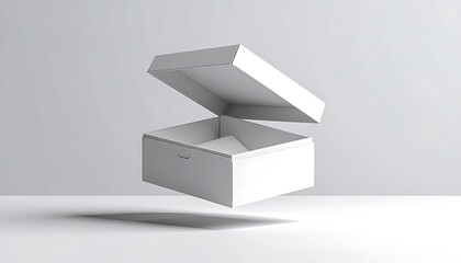 An open white cardboard box floating above a surface, representing mystery and unboxing, with subtle shadows and a clean aesthetic, ideal for product reveals or surprise concepts.