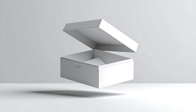 An open white cardboard box floating above a surface, representing mystery and unboxing, with subtle shadows and a clean aesthetic, ideal for product reveals or surprise concepts.