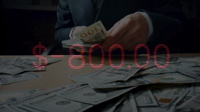 A businessman counting a stack of cash with overlay text -$1000