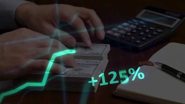 Hands using a calculator next to cash, overlaid with a glowing green arrow and "+199%" text.