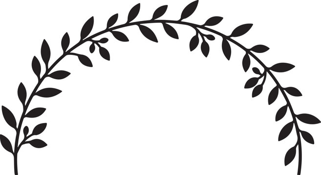 Black leafy branch, foliage wreath, vector border, leaf outline