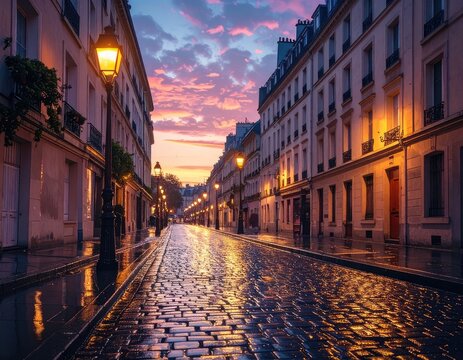 A Parisian street glows with lamplight and sunset colors reflecting on a wet cobblestone road.